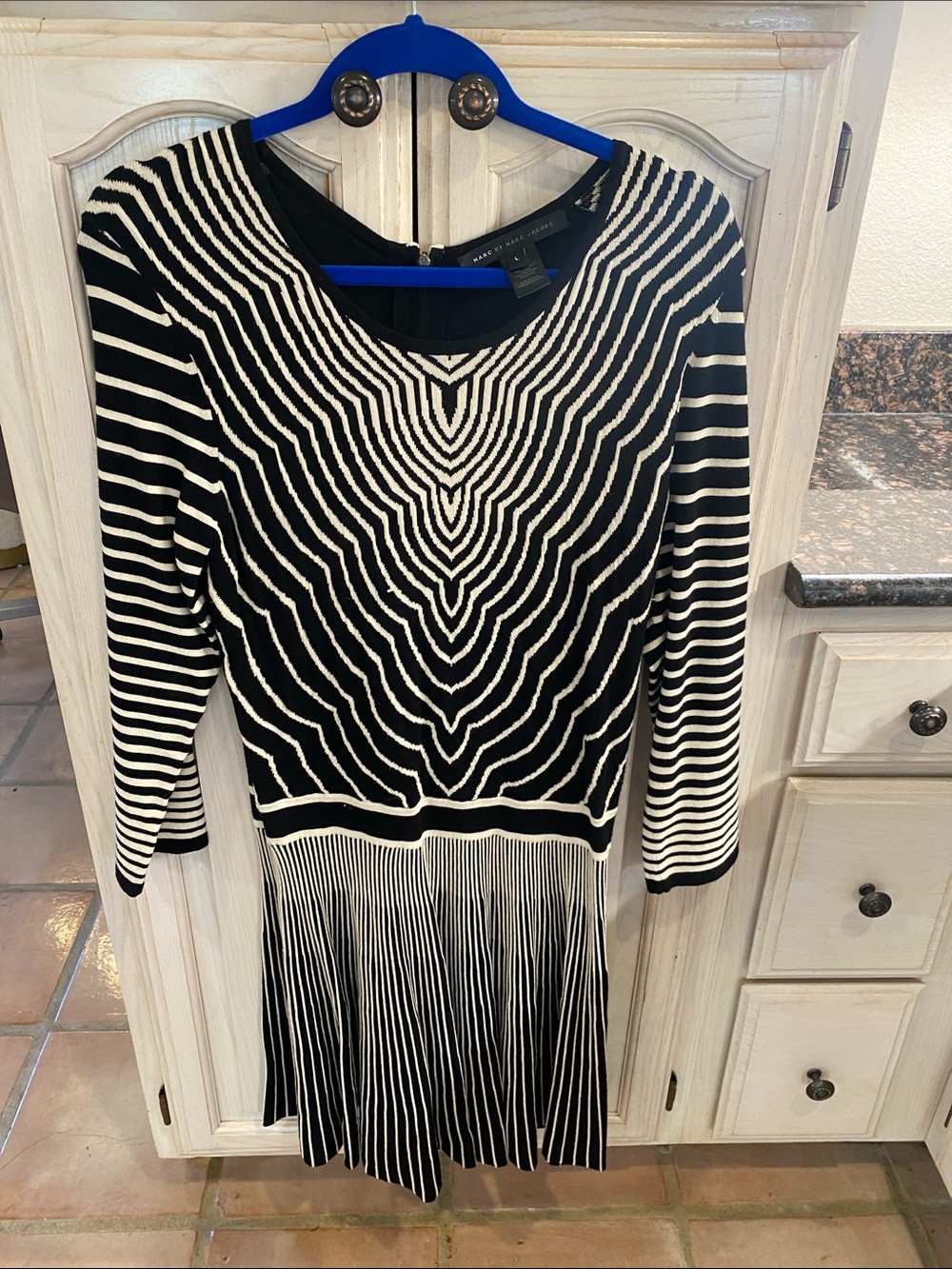 Marc by Marc Jacobs Black and White Long Sleeve Striped Fit-and-Flare Dress